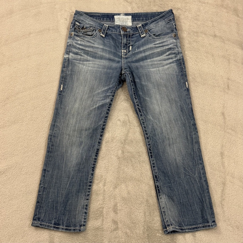 Big Star Liv Capri Jeans Women 28R Blue Medium Wash Embroidered Stretch Denim - Picture 2 of 16